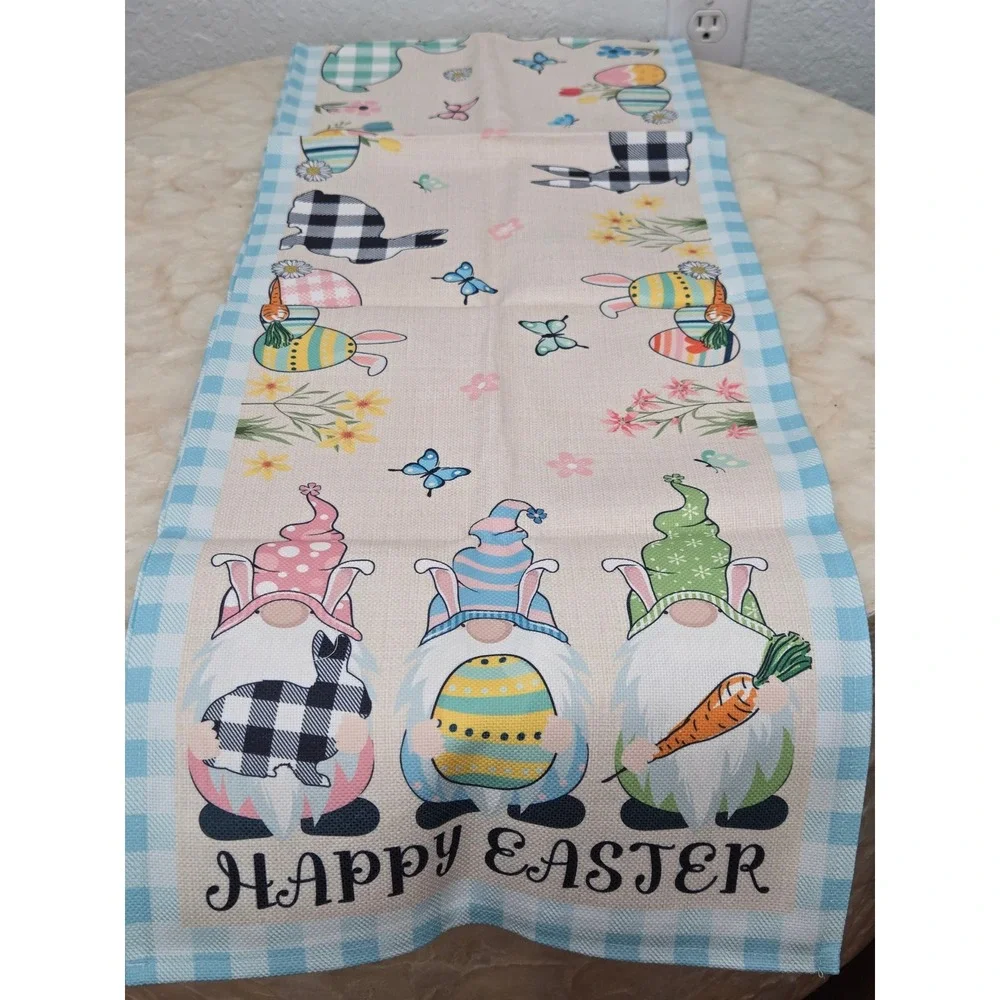 GEREAA Happy Easter Table Runner Gnomes Bunnies Blue Gingham 13x70 Inch Spring
